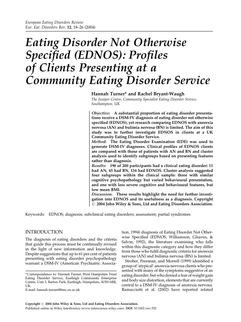 Euro Eating Disorders Rev - 2004 - Turner - Eating Disorder Not ...