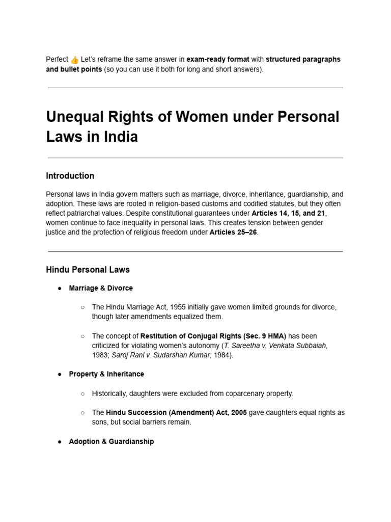 Women's Rights Under Personal Laws in India | PDF | Women's Rights ...