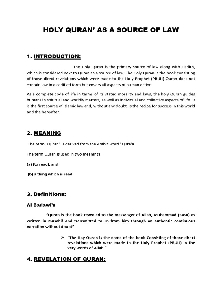 Quran as the Primary Source of Islamic Law | PDF | Quran | Islam