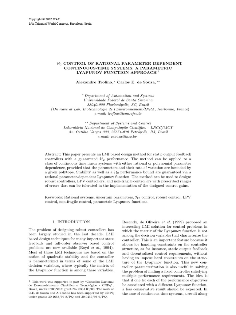 H2 Control for Parameter-Dependent Systems | PDF | Matrix (Mathematics ...
