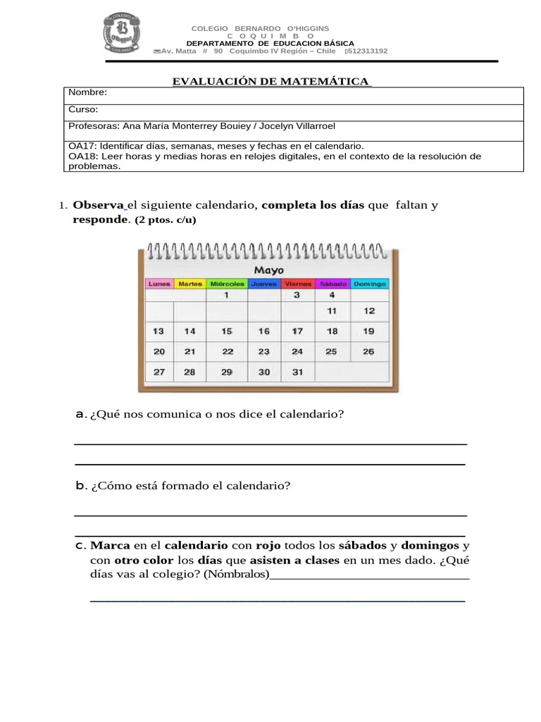 Evaluación de Matemática para Educación Básica | PDF | Calendario