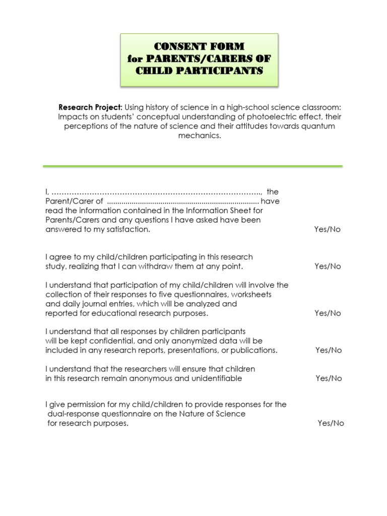 Consent Form for Science Research Study | PDF | Questionnaire ...