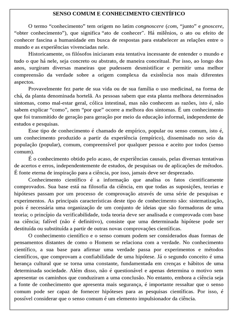 Senso Comum vs. Conhecimento Científico | PDF | Science | Conhecimento