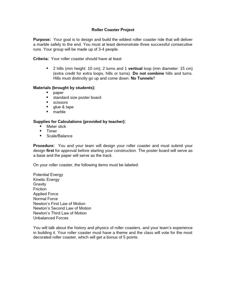 Roller Coaster Project Purpose | PDF | Force | Physics