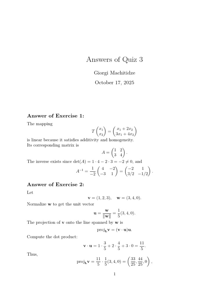 Quiz 3 Answers on Linear Algebra | PDF