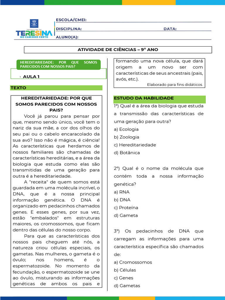 Atividade 9º Ano - Outubro 1 Semana | PDF | Hereditariedade | Genética