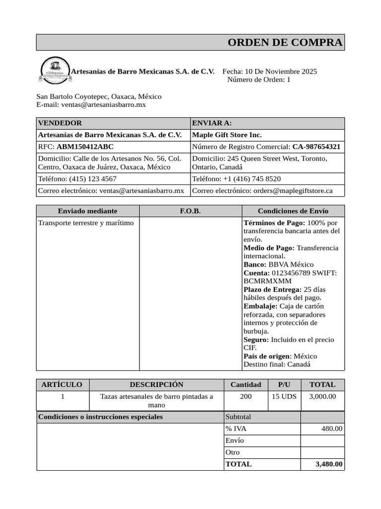 Orden de Compra Artesanías de Barro | PDF | Economias | Industrias de ...
