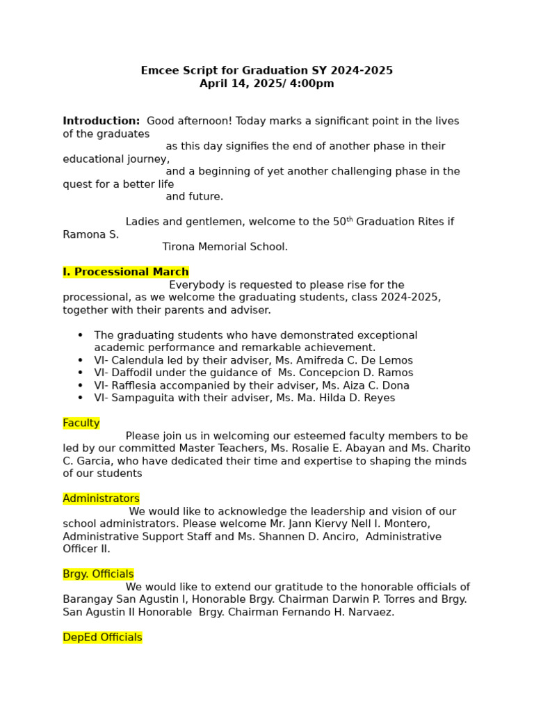 Graduation Emcee Script 2025 | PDF