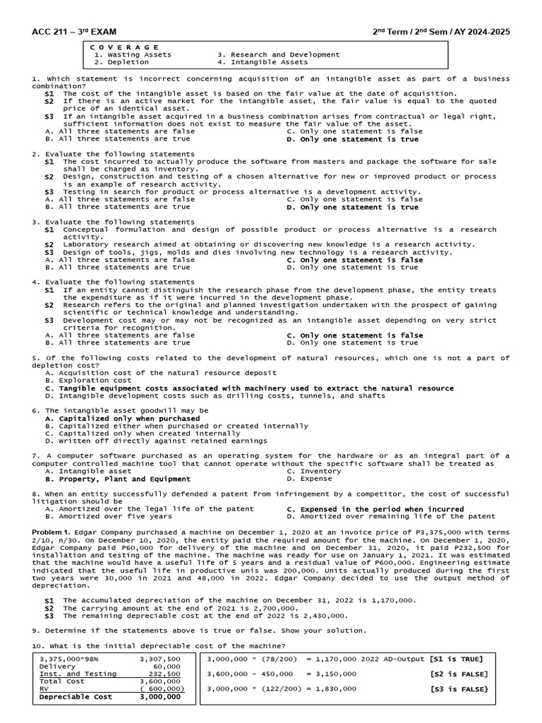 ACC 211 3rd Exam Review Questions | PDF | Goodwill (Accounting ...