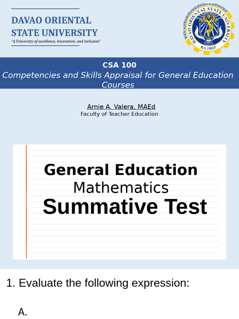 Davao Oriental State University Math Test | PDF | Mathematics ...