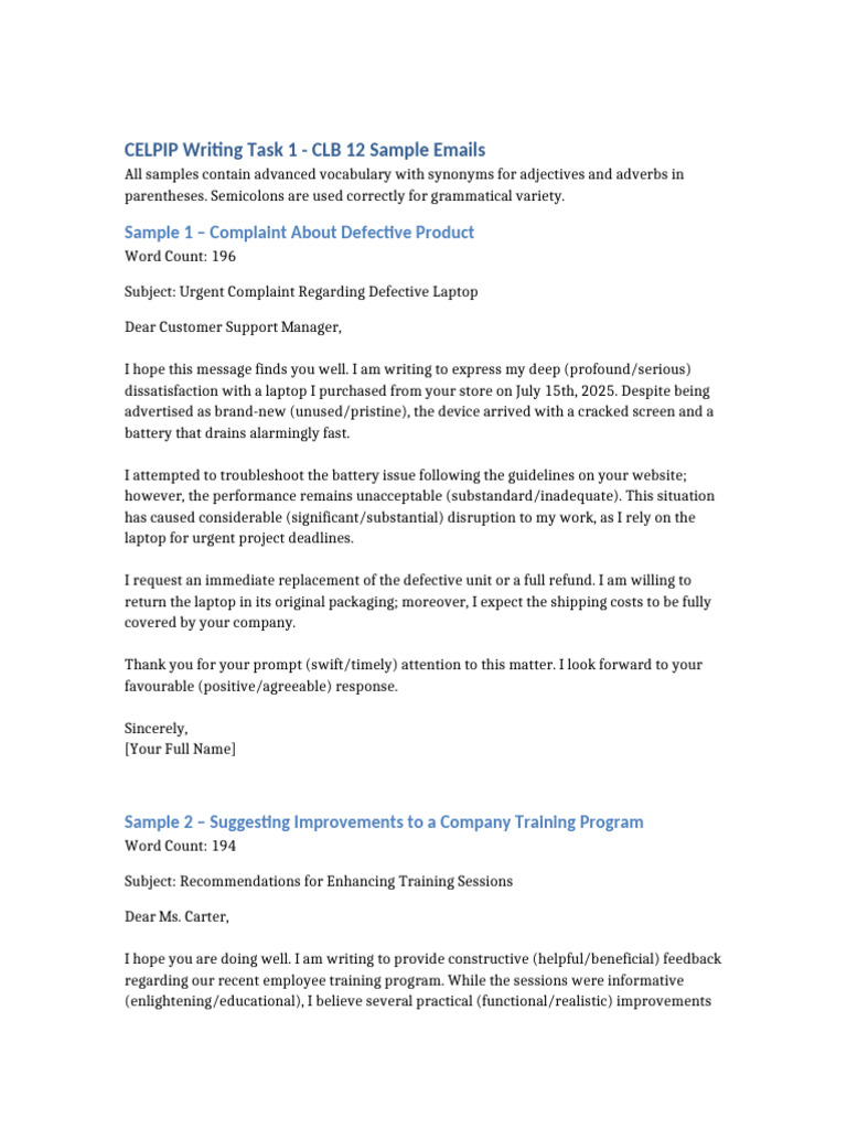 CELPIP Writing Task 1 Email Samples | PDF | Employee Retention