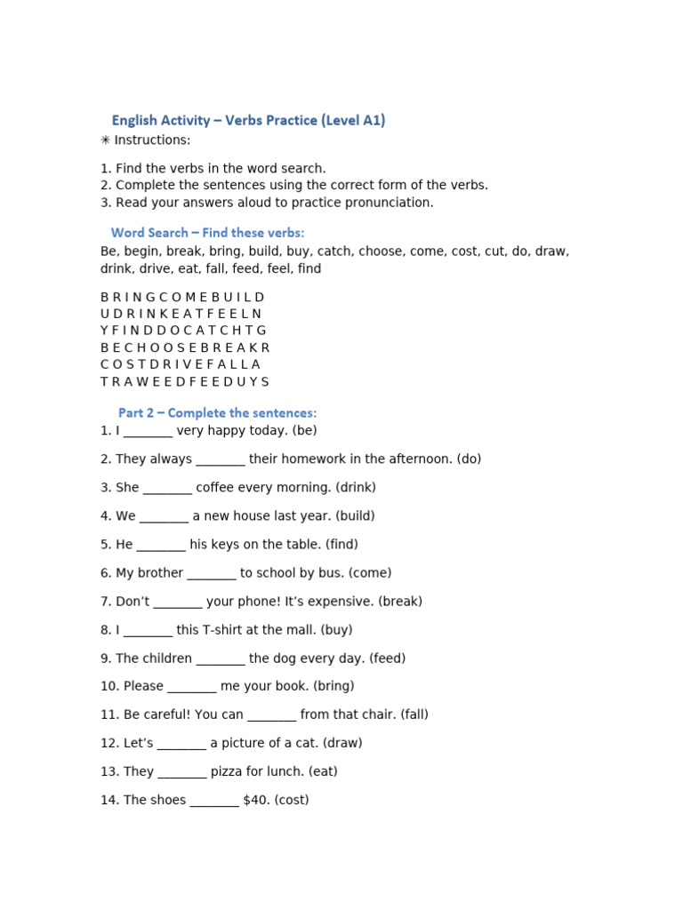 A1 Verbs Practice Activity Guide | PDF