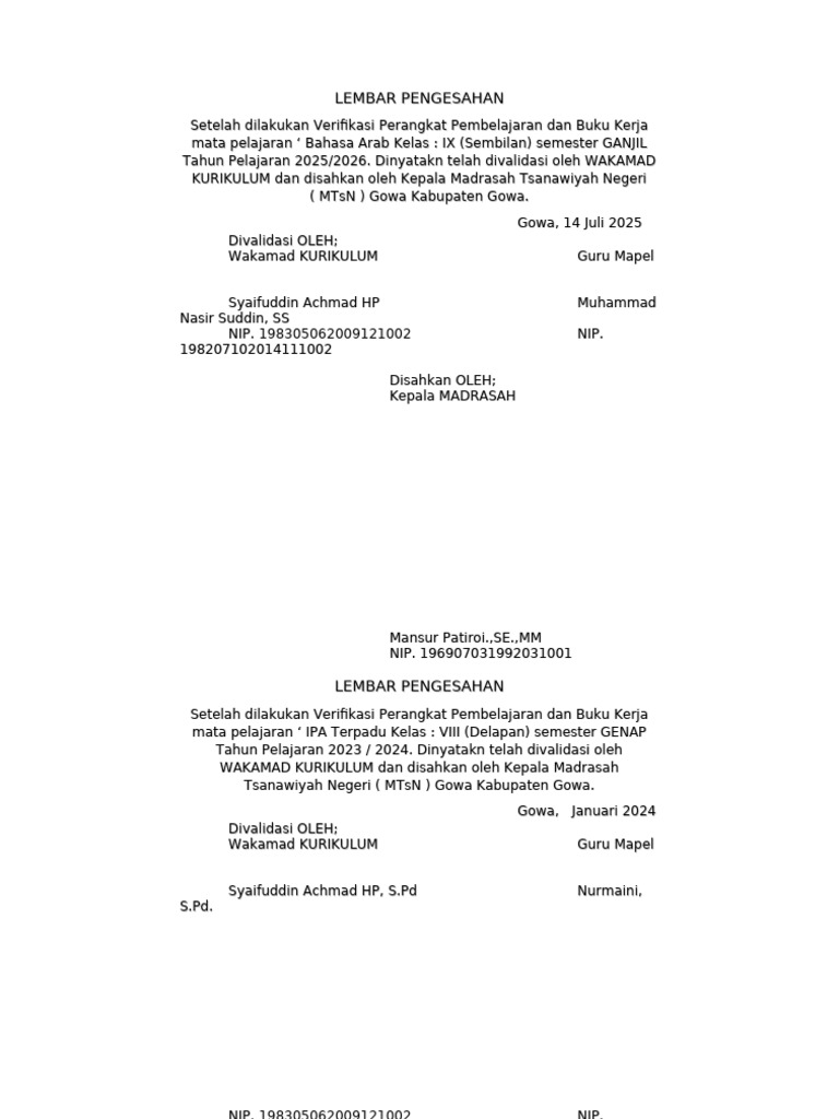Contoh Lembar Pengesahan Pembelajaran | PDF