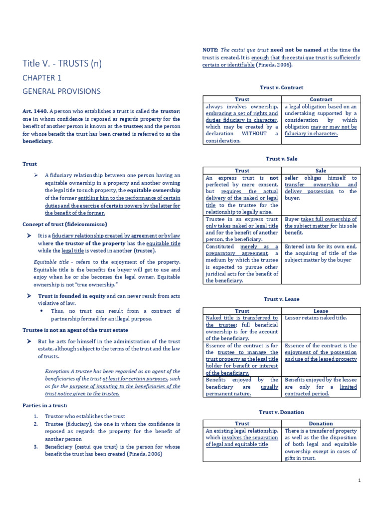 Law On Trust Reviewer | PDF | Fiduciary | Title (Property)