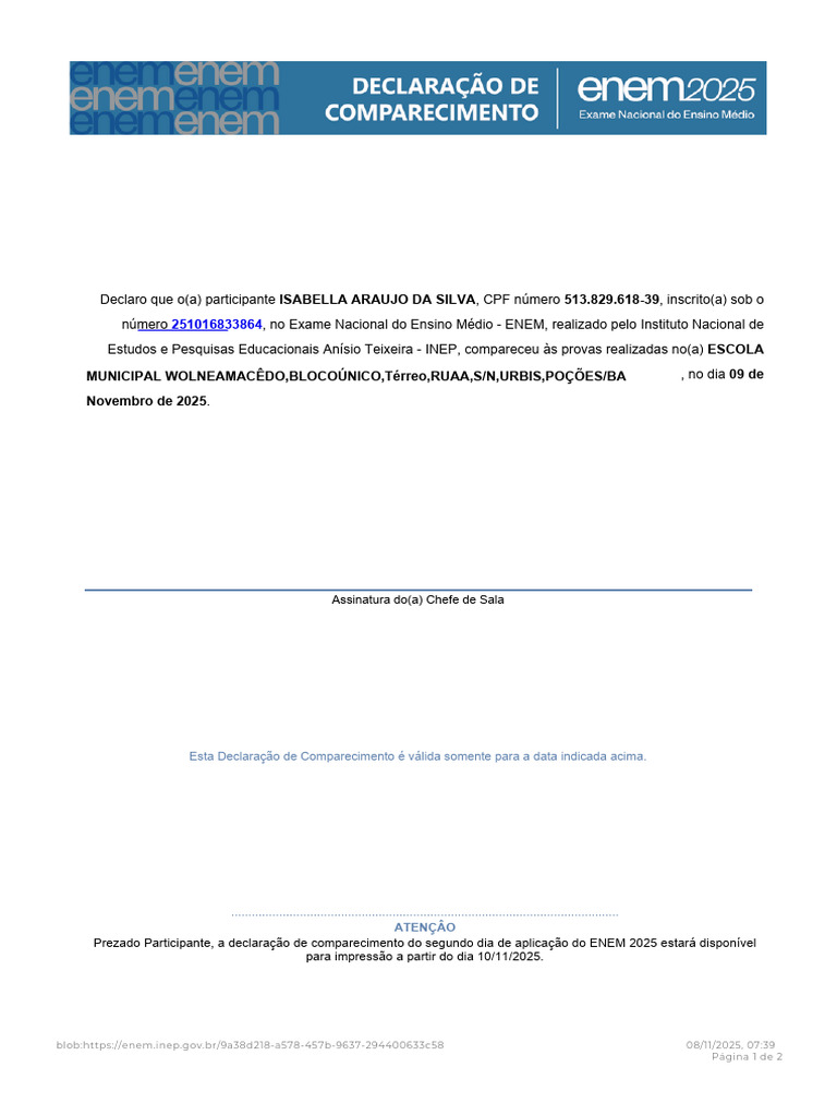 Declaração de Comparecimento ENEM 2025 | PDF