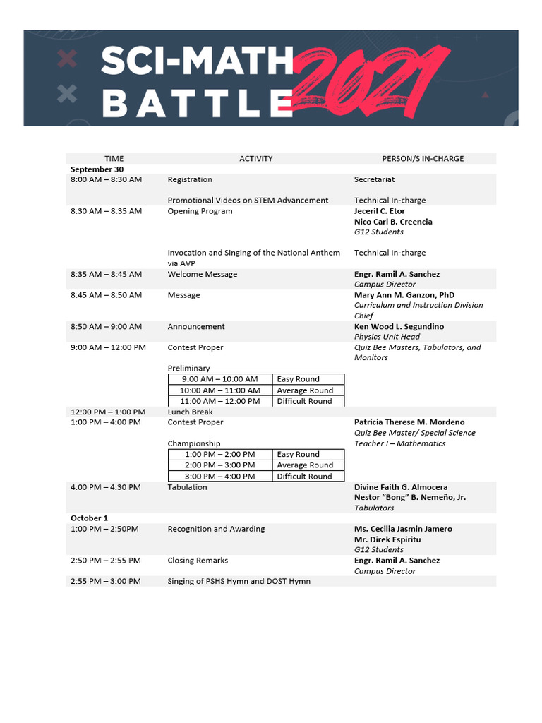STEM Quiz Bee Event Schedule | PDF | Science