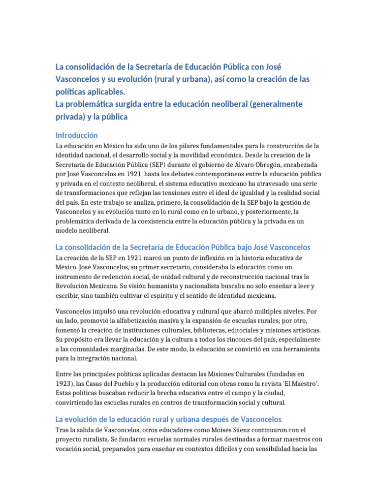 Educación en México: Vasconcelos y Neoliberalismo | PDF | México ...