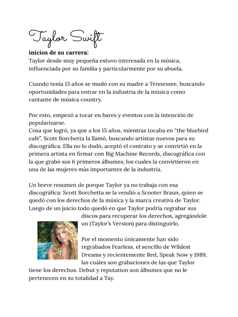 Inicios y evolución de Taylor Swift | PDF | Taylor Swift | Grabación de ...