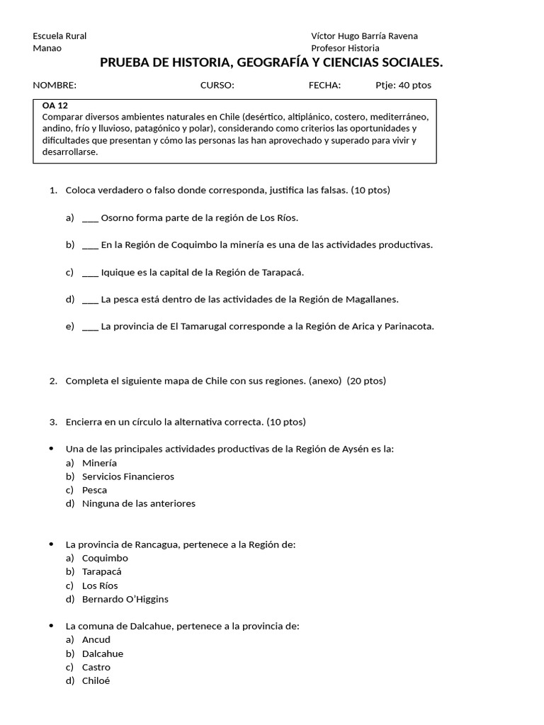 Prueba de Historia y Geografía de Chile | PDF