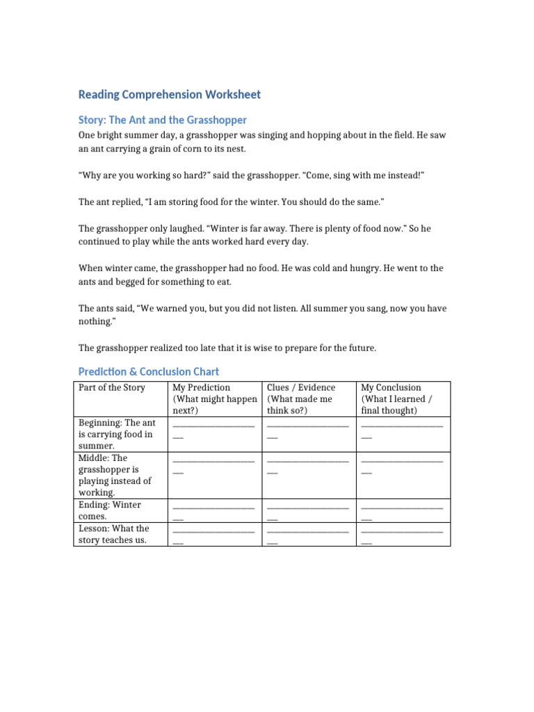 Ant and Grasshopper Worksheet | PDF