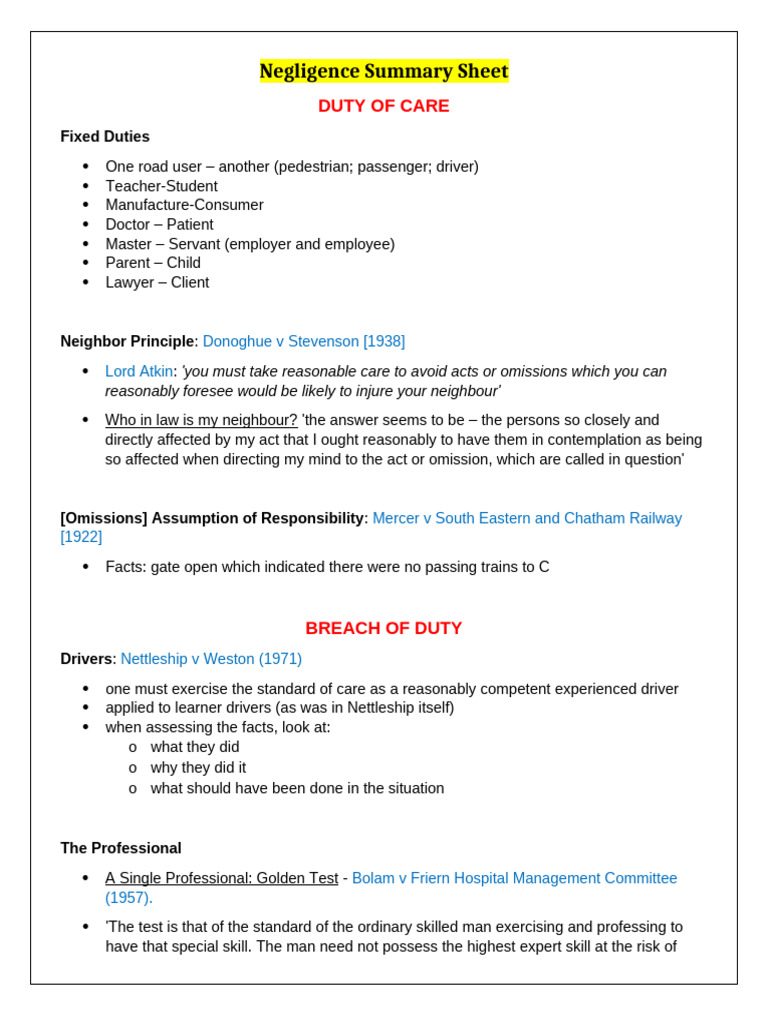Negligence Summary Sheet | PDF | Negligence | Duty Of Care