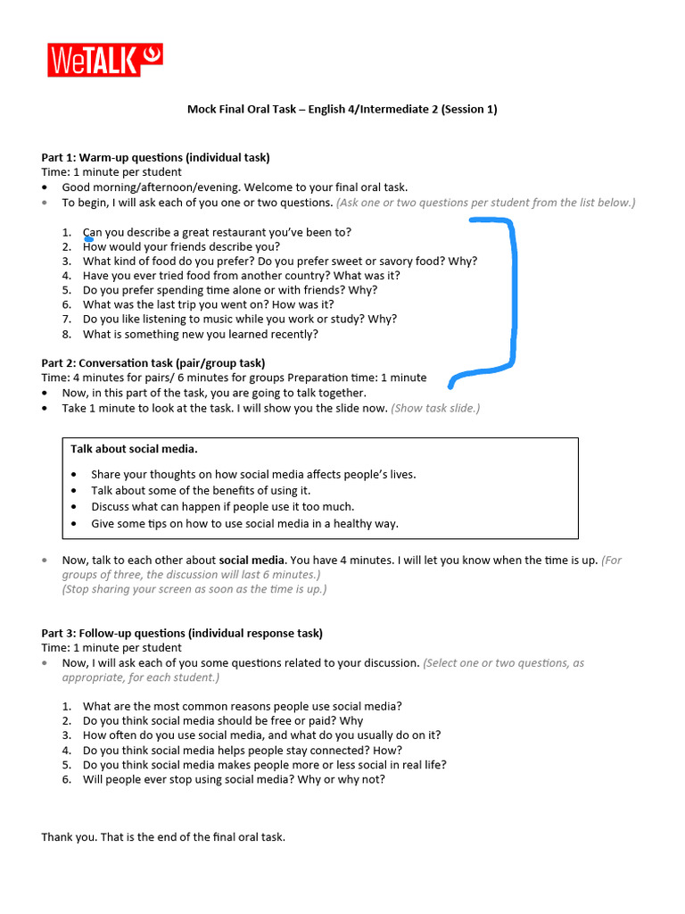 Final Oral Task Guide: English 4/Intermediate 2 | PDF