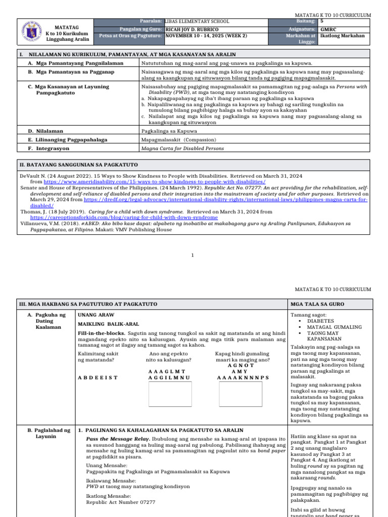 DLL Matatag - GMRC 5 q3 w2 | PDF