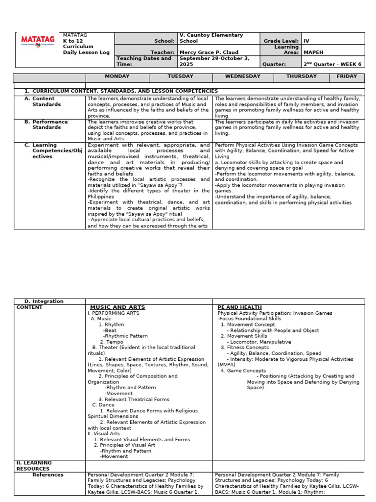 K-12 MAPEH Daily Lesson Log Grade IV | PDF