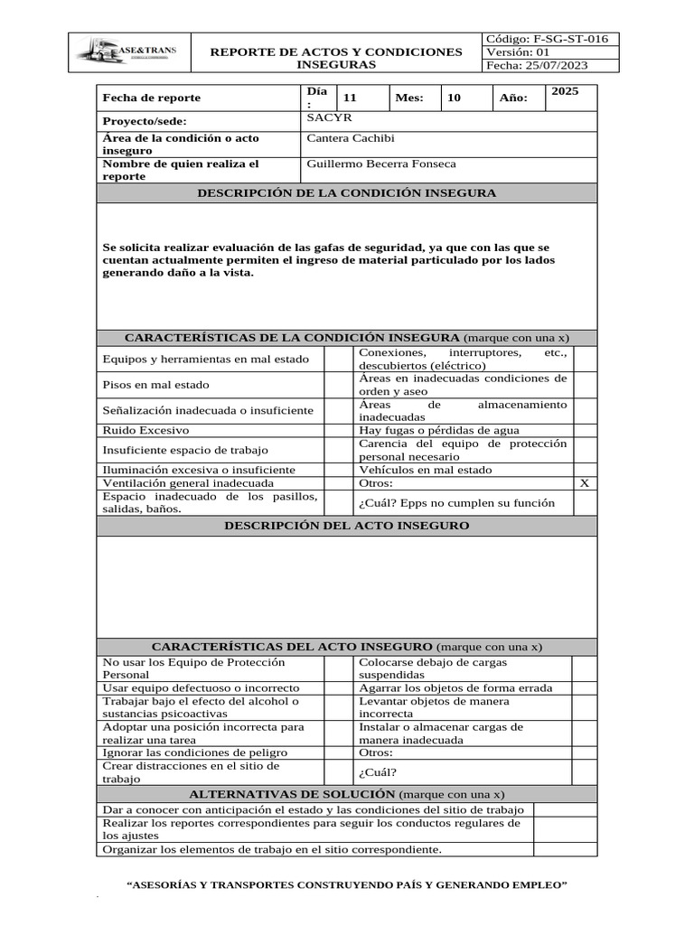 F-SG-ST-016 Reporte de Actos y Condiciones Inseguras | PDF