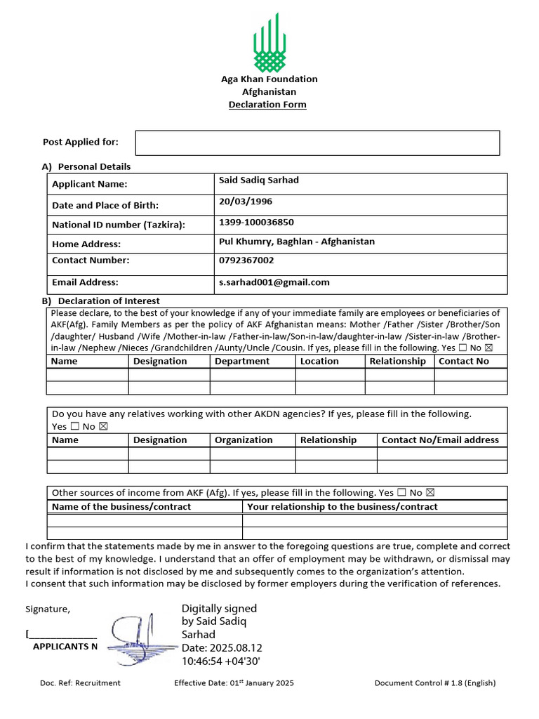 AKF Afghanistan Recruitment Declaration Form | PDF