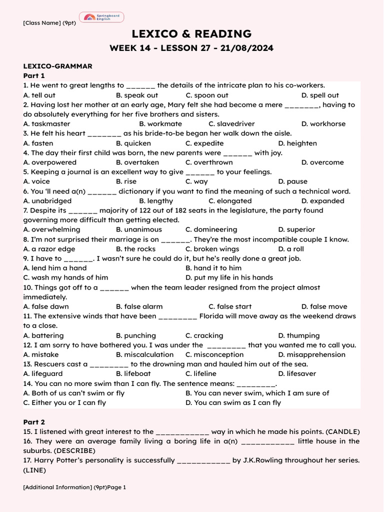 Lexico and Reading Exercises for Week 14 | PDF | Natural Selection ...