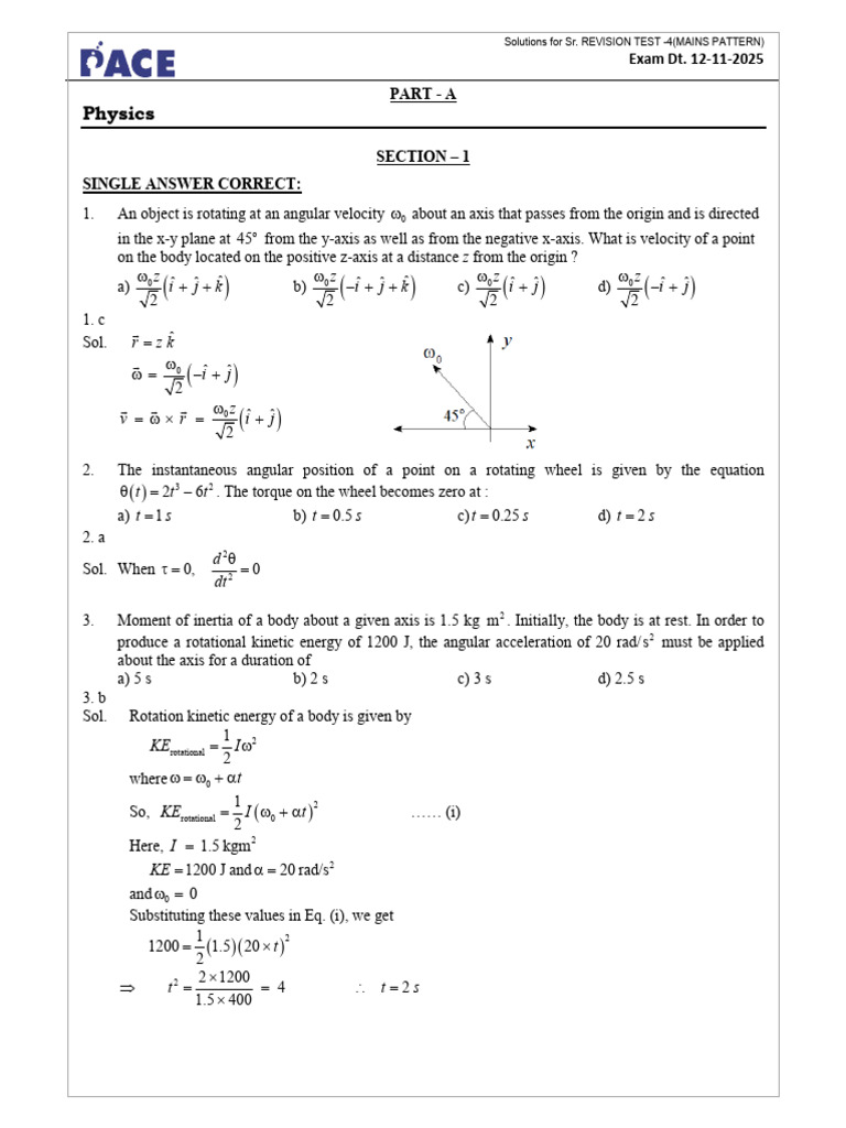 Solutions for Sr. REVISION TEST -4 | PDF | Rotation Around A Fixed Axis ...