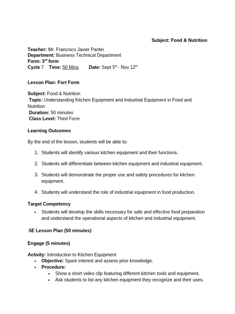 Food & Nutrition Cycle 7 Third Form | PDF | Lesson Plan | Kitchen