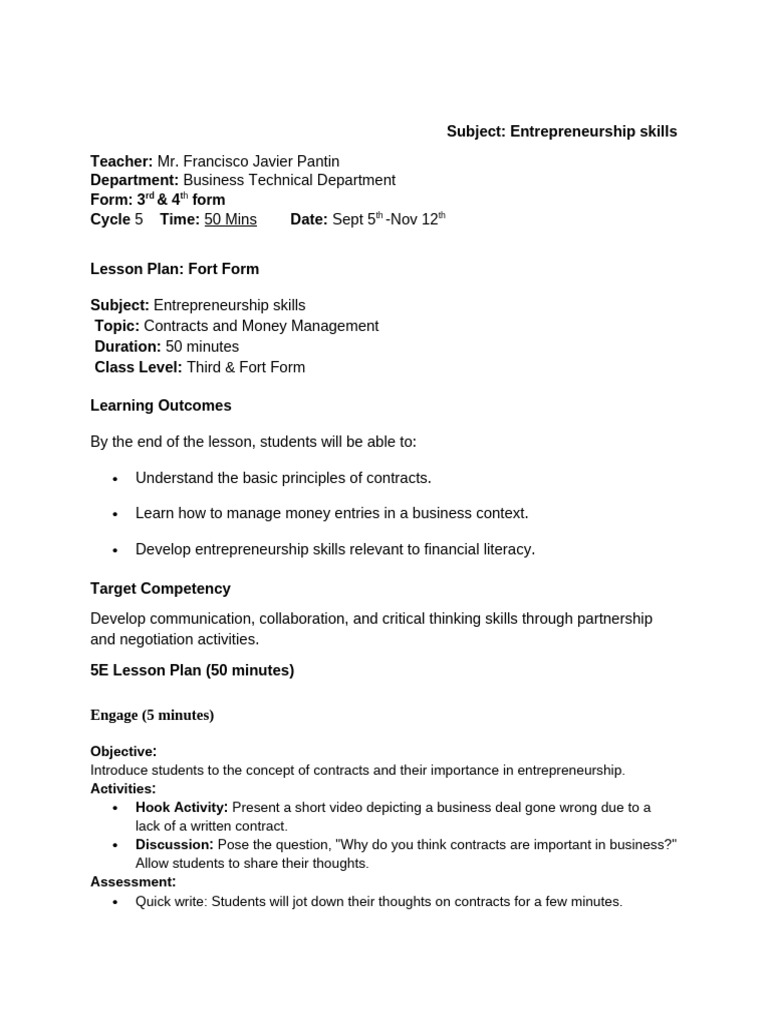 Entrepreneurship Skills Cylce 7 Third & Fort Form | PDF | Contractual ...