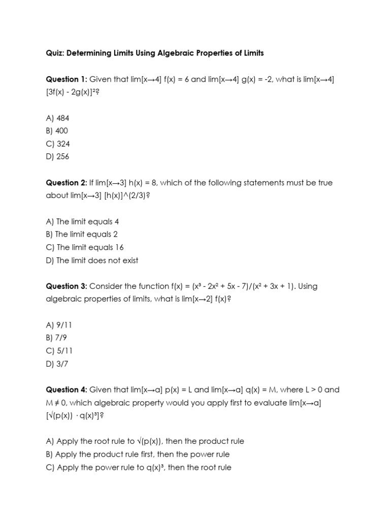 Algebraic Limits Quiz | PDF