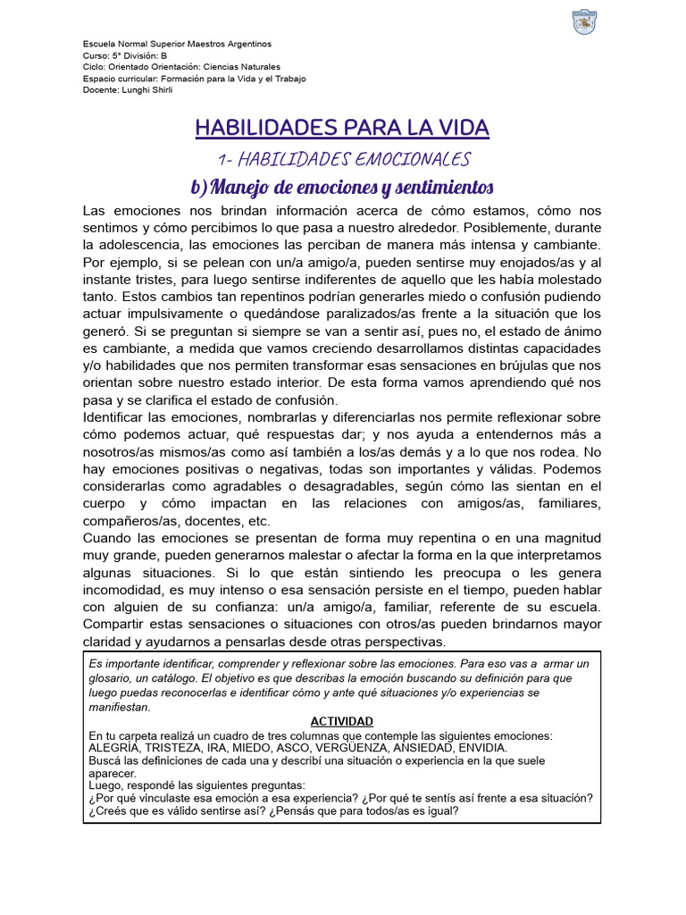 Habilidades Para La Vida- Manejo de Emociones | PDF | Las emociones ...