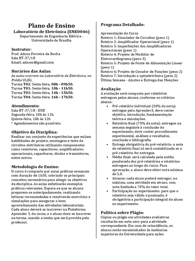 Plano de Ensino: Laboratório de Eletrônica | PDF | Eletricidade ...