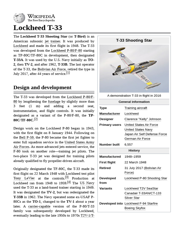 Lockheed T-33 Shooting Star Overview | PDF | Aviation | Aircraft