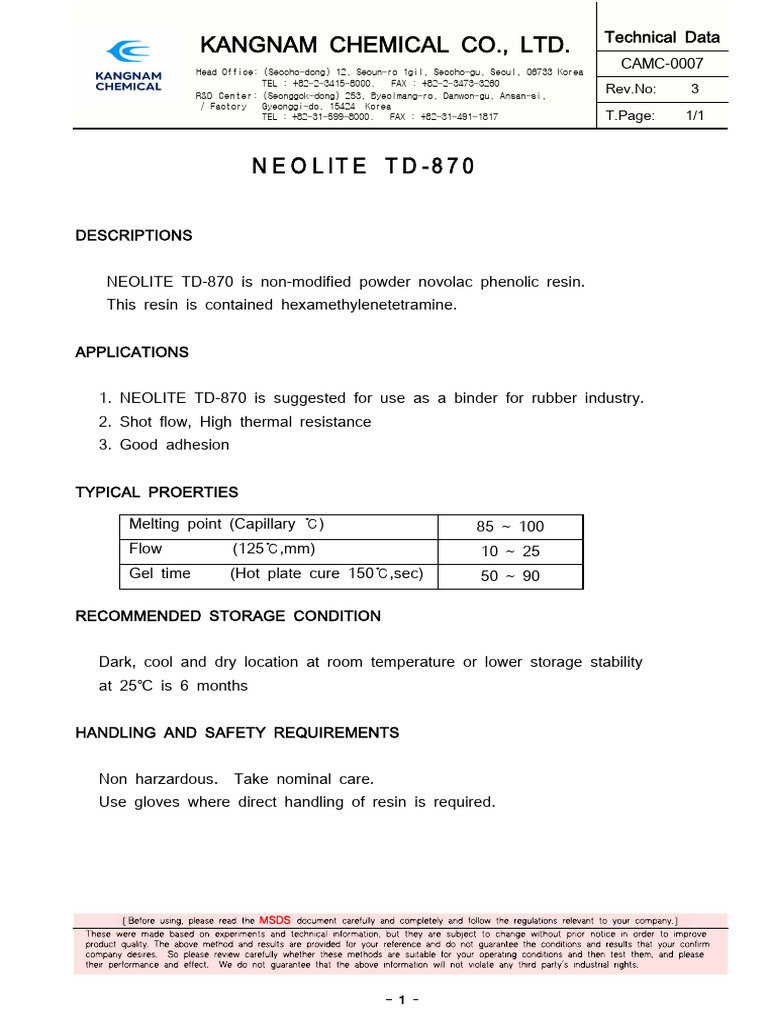 NEOLITE TD-870 Technical Data Sheet | PDF | Physical Sciences | Materials