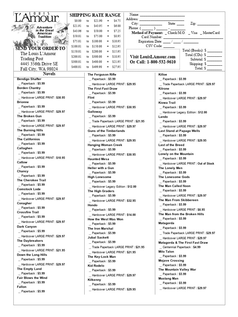 The Louis L'Amour Trading Post Complete Order Form PDF Paperback