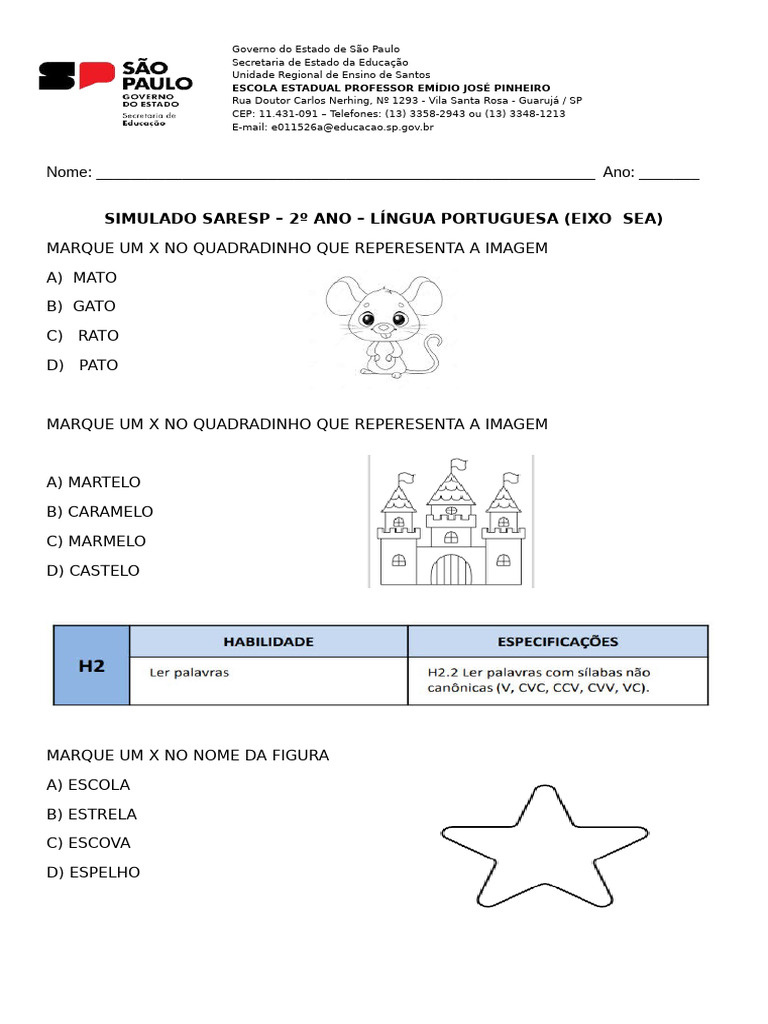 Simulado SARESP 2º Ano Português | PDF