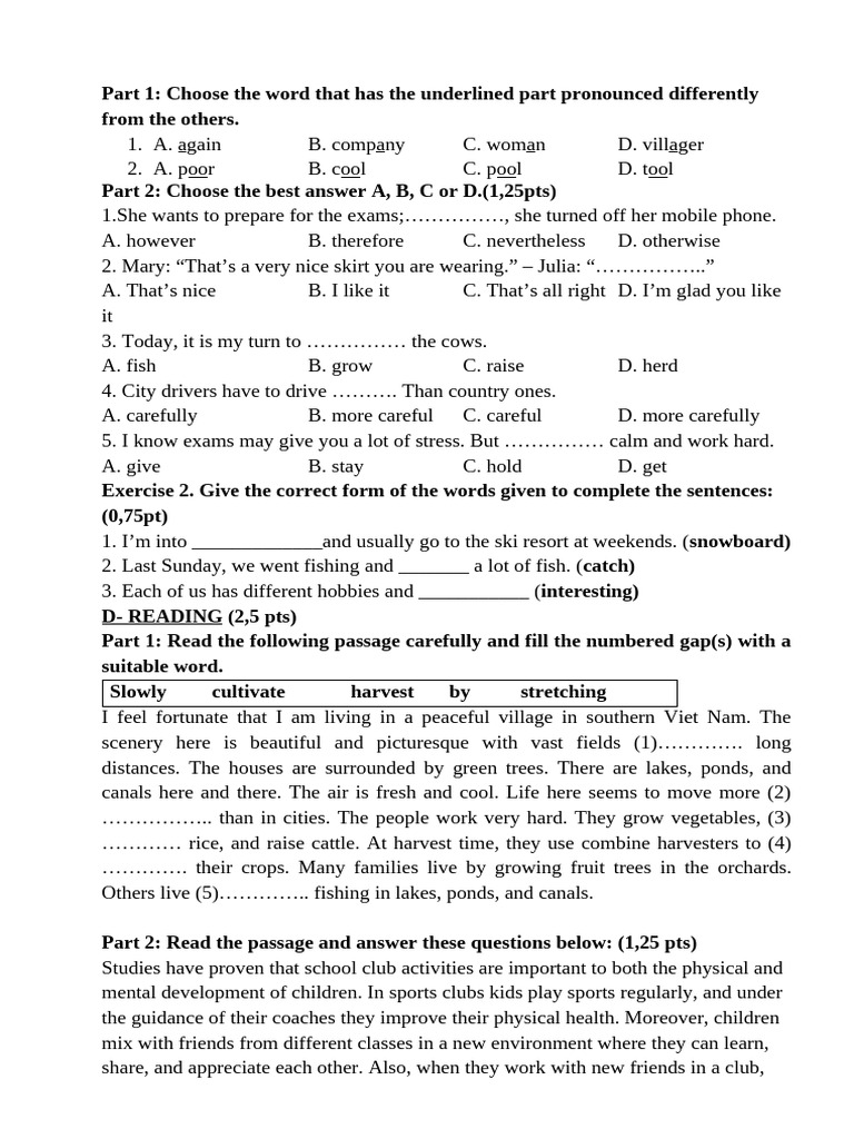 English Exam Practice for Grade 8 | PDF | Farms | Vegetables