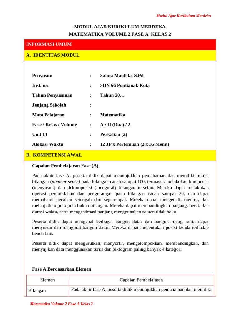 Modul Ajar Matematika Kelas 2 Fase A | PDF