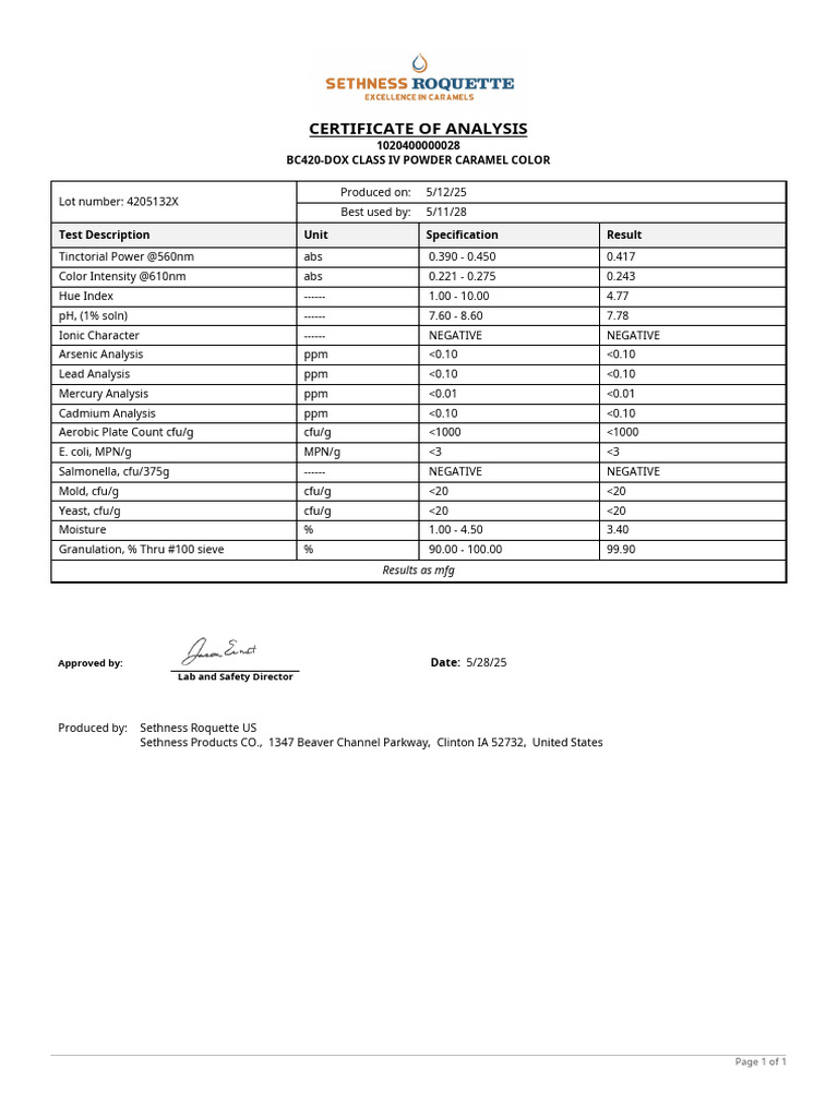COA - Caramel BC420 - Lot - 4205132X | PDF | Color