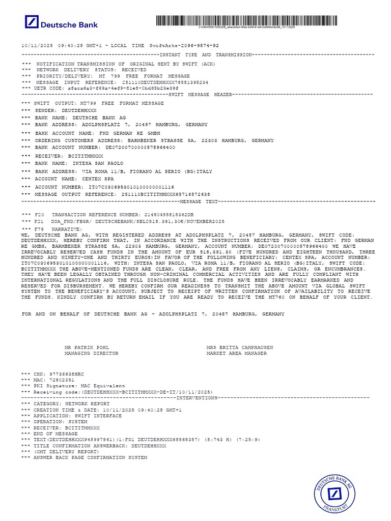 SWIFT MT799 Confirmation Report | PDF | Computing