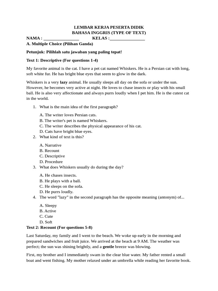 English Text Types Worksheet | PDF