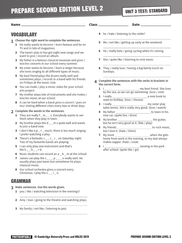 Prepare Level 2 Test: Vocabulary & Grammar | PDF