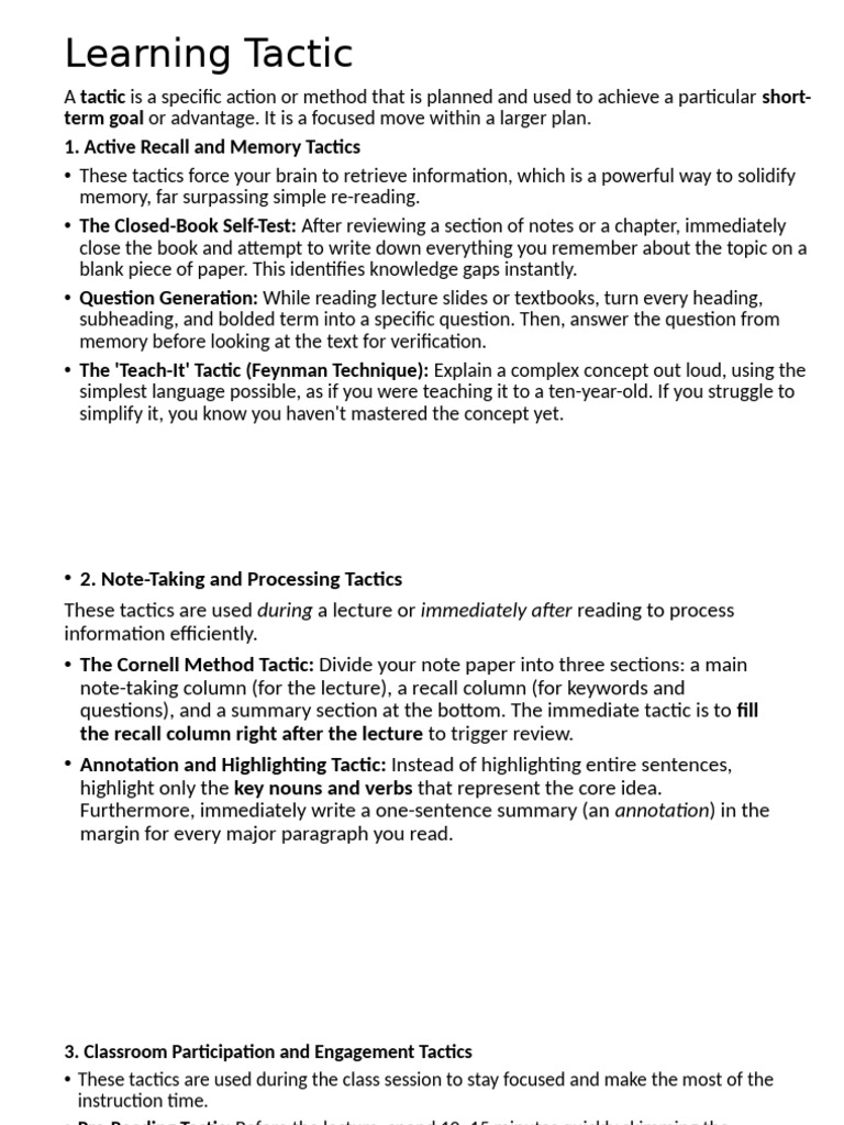 Learning Tactic | PDF | Lecture | Recall (Memory)