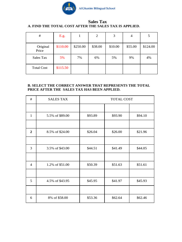 Sales Tax Worksheet 1 | PDF