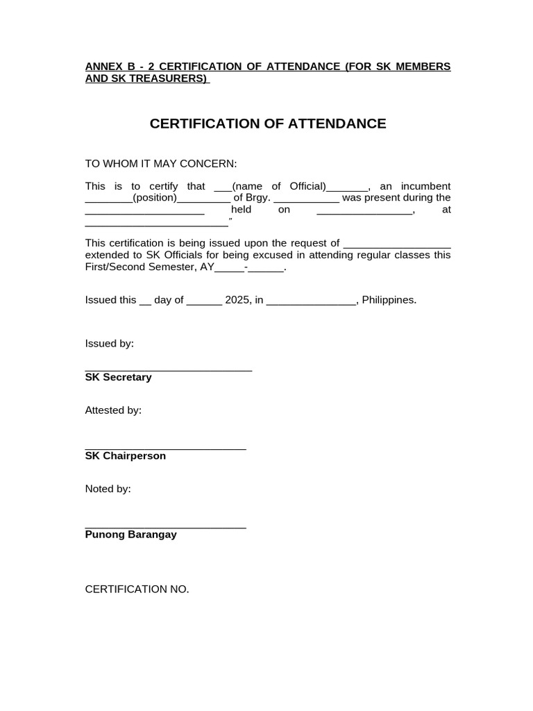 Annex B - 2 Certification of Attendance (For SK Members and SK ...